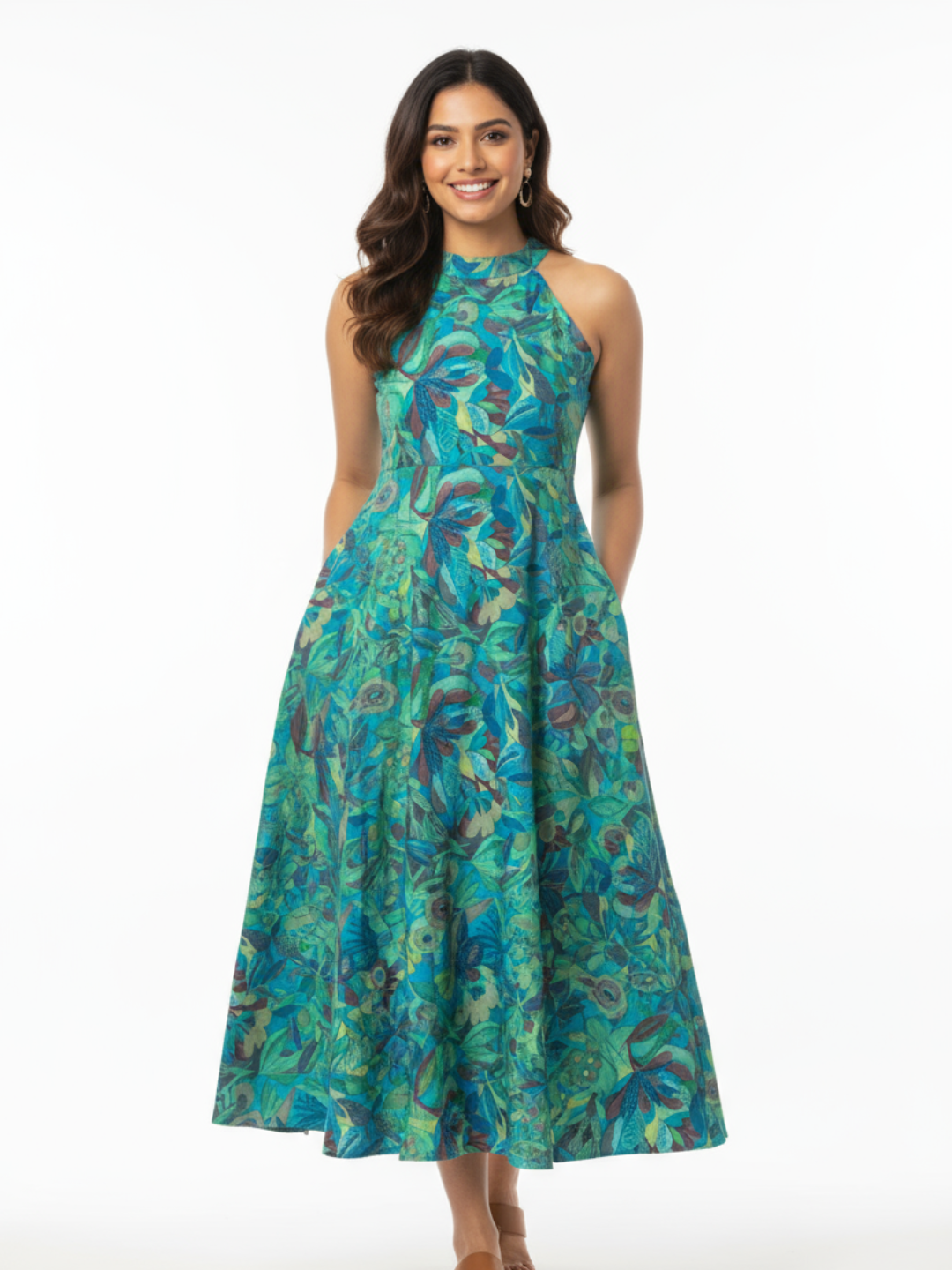 Eden Lagoon Women's Long Halter Dress in Turquoise in Muslin Cotton Nimbu