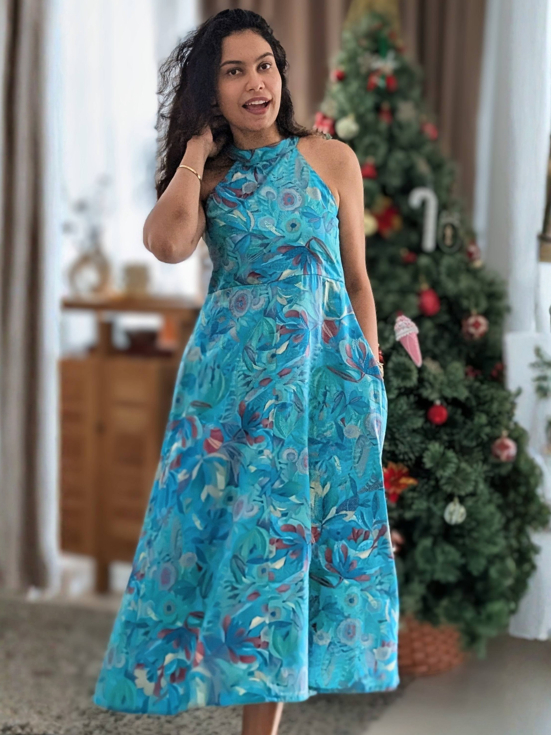 Eden Lagoon Women's Long Halter Dress in Turquoise in Muslin Cotton Nimbu