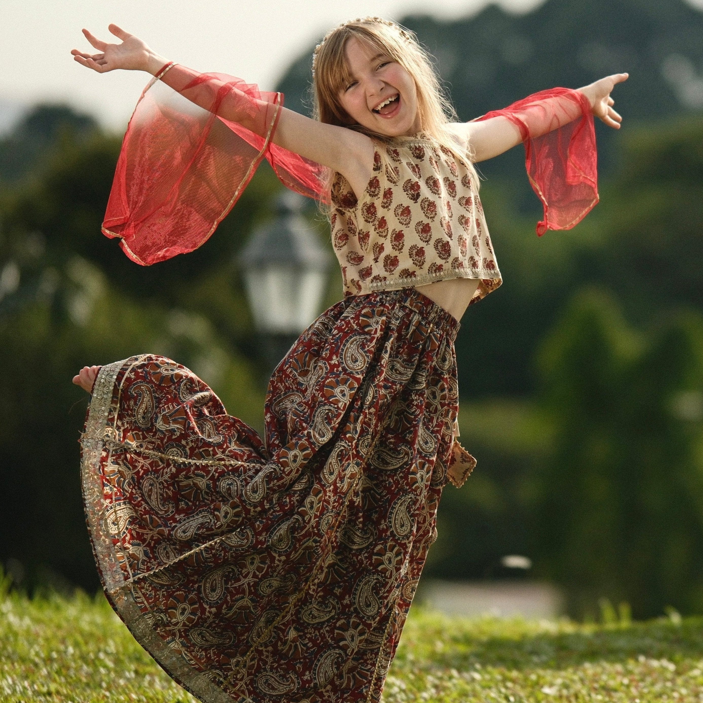 Nazara Girls Handblock Maroon & Beige Halter Lehenga Choli with Dupatta