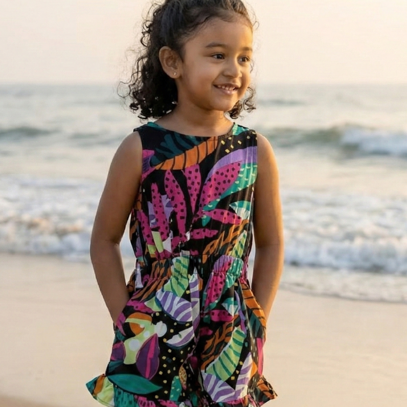 Moana Starry Night Girls Playsuit in Cotton in Black Nimbu