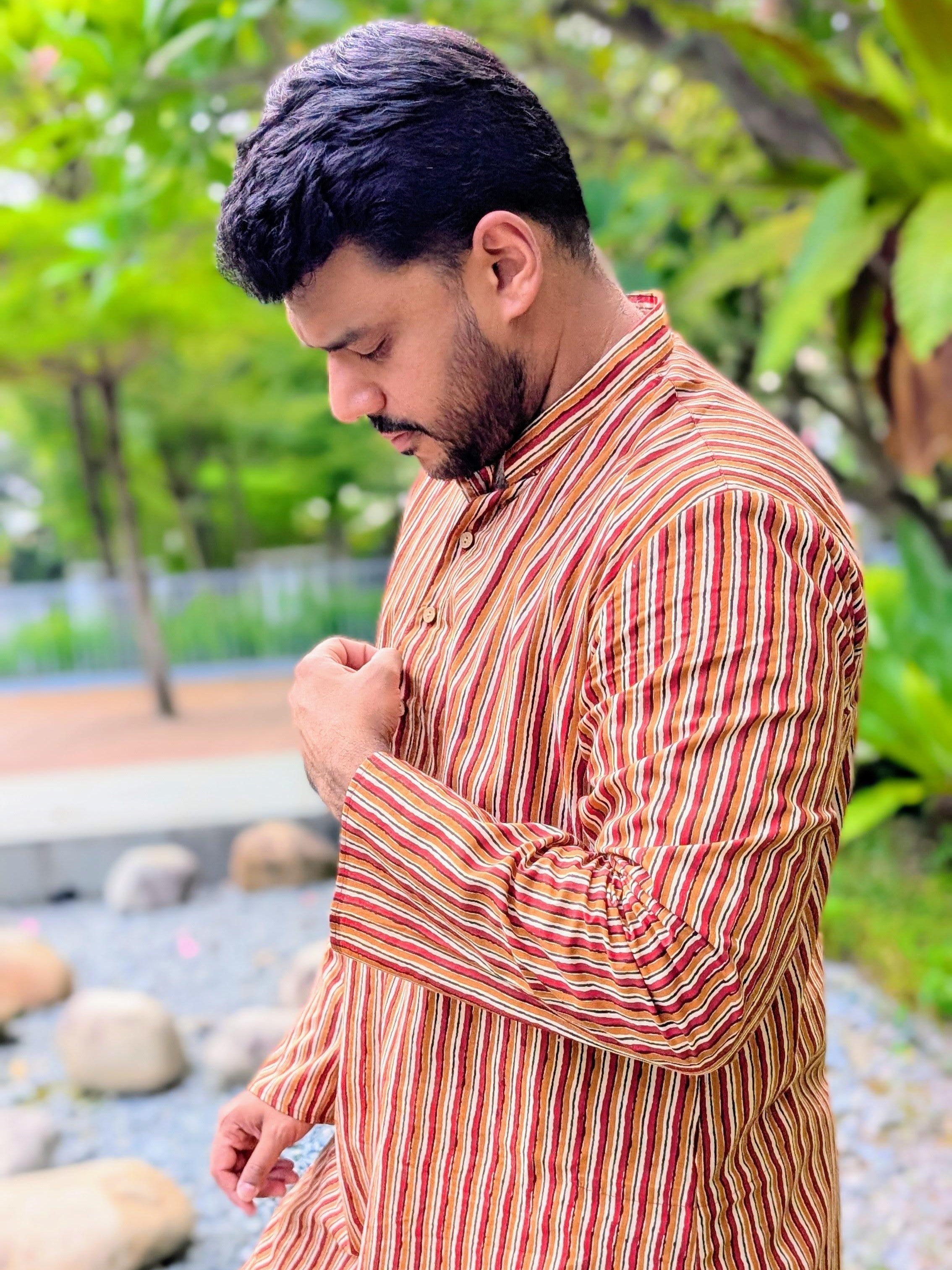 Nazara Mens Handblock Maroon & Beige Kurta Pajama