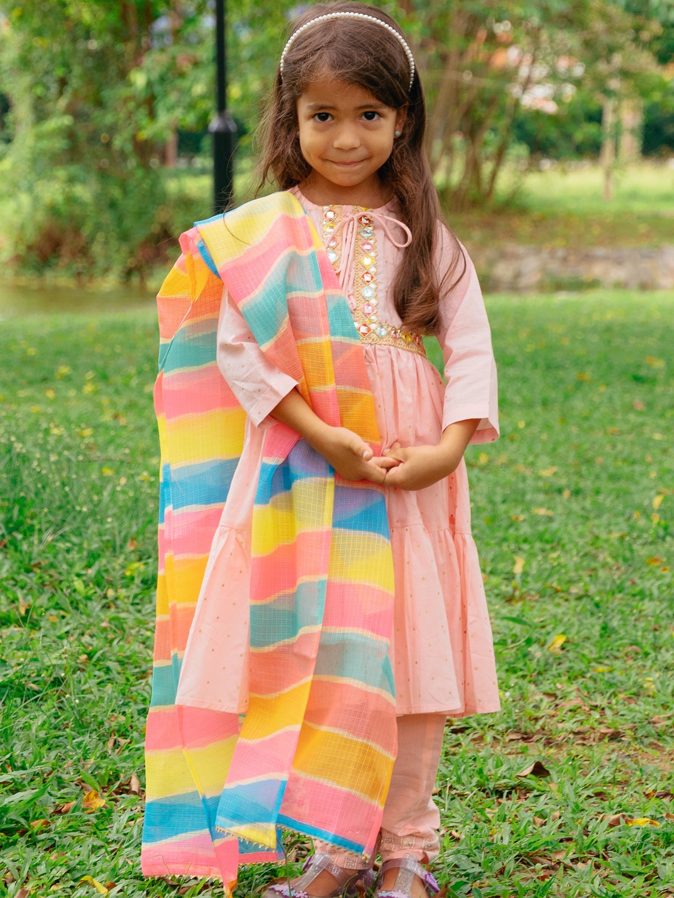 Princess Pink Anarkali with Matching Salwar & Rainbow Dupatta - Nimbu Kids