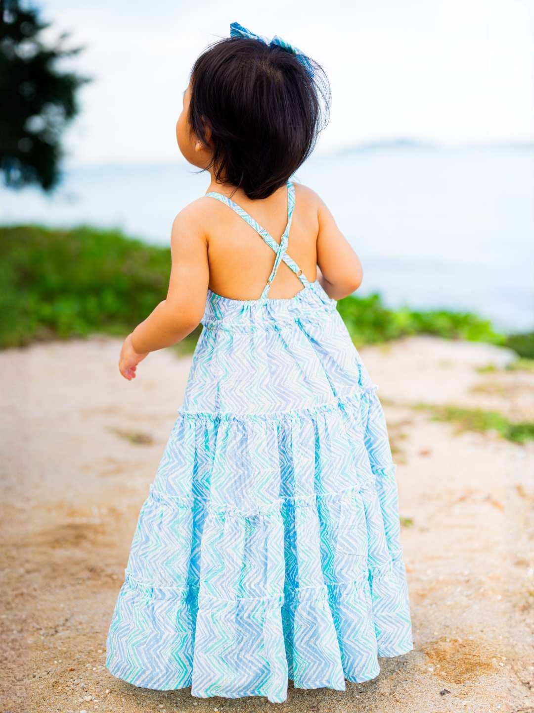 Azure cotton dress with ocean wave pattern, tiered skirt, and cross-back straps, sustainable fabric for girls toddler to.