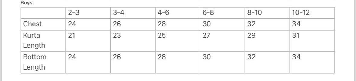 Table showing measurements for boys' clothing sizes from 2-3 to 10-12 years old.