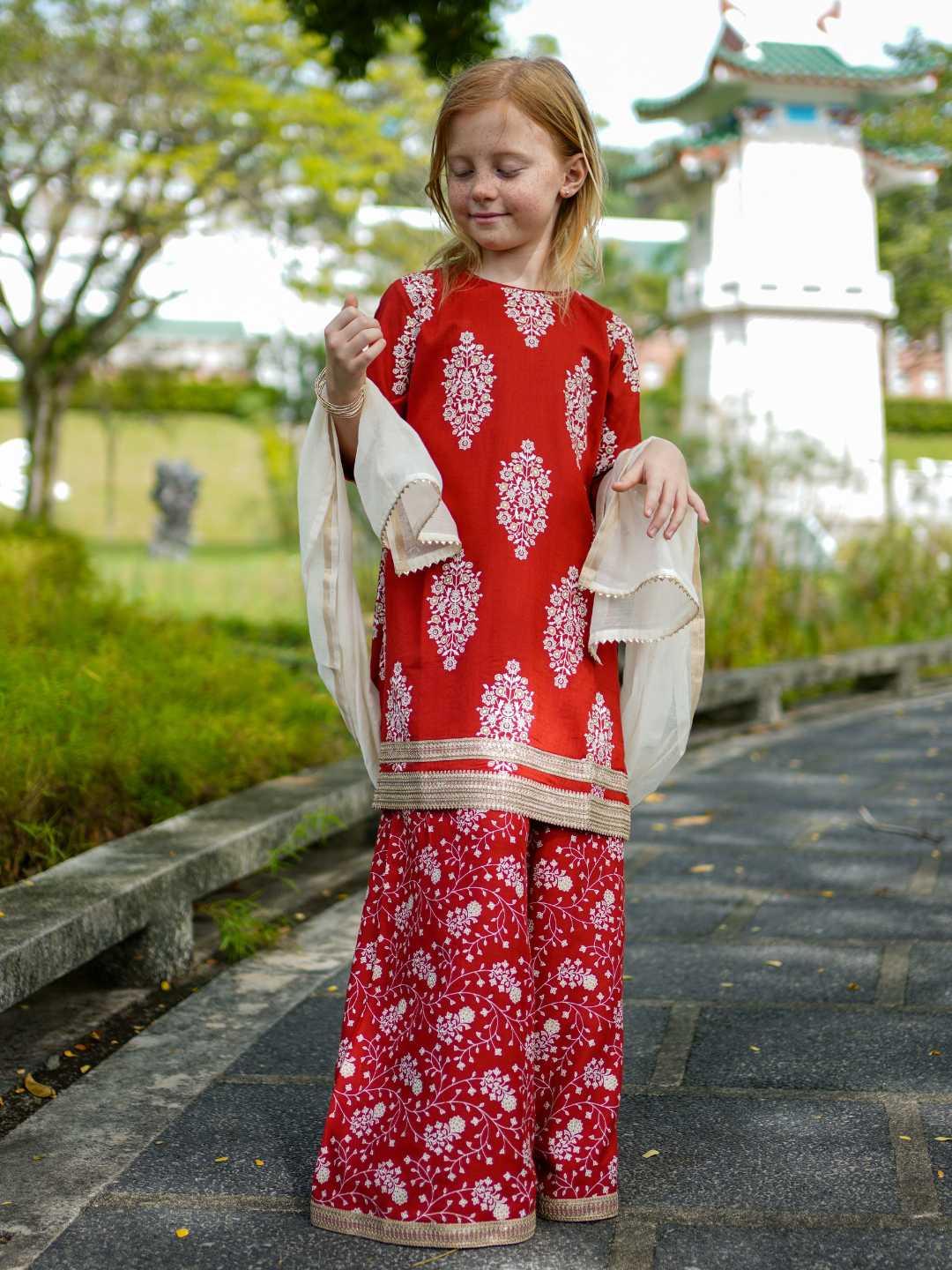 Zeena Red Girls Palazzo Kurta Set in Cotton
