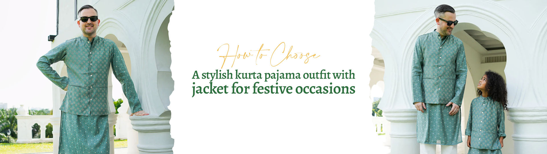 Man wearing a stylish green kurta pajama with jacket for men standing in a traditional architectural setting, showcasing festive ethnic fashion