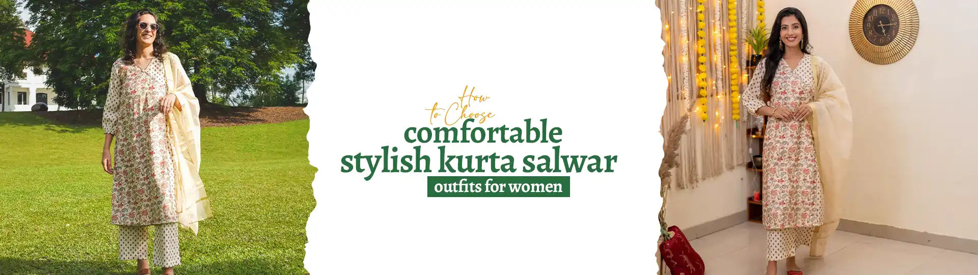 Woman wearing printed kurta salwar for women in India with matching dupatta, shown in outdoor and indoor festive settings showcasing ethnic fashion