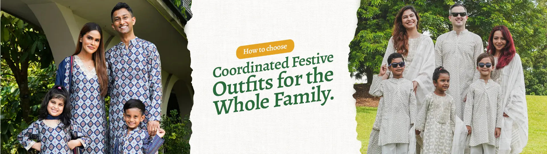 Happy family wearing coordinated festive traditional outfits showcasing Family Twinning Outfits India