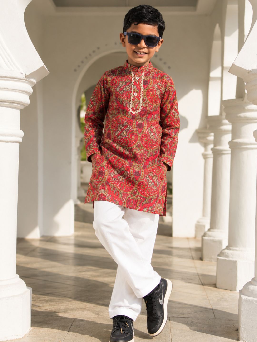 Amara Red Floral Boys Kurta Pajama with Pockets