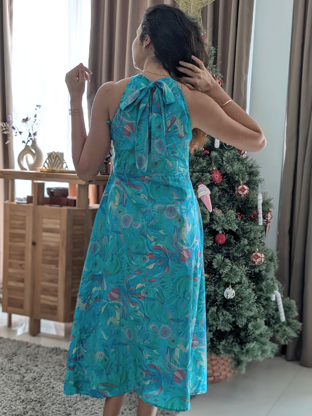 Eden Lagoon Women's Long Halter Dress in Turquoise in Muslin Cotton Nimbu