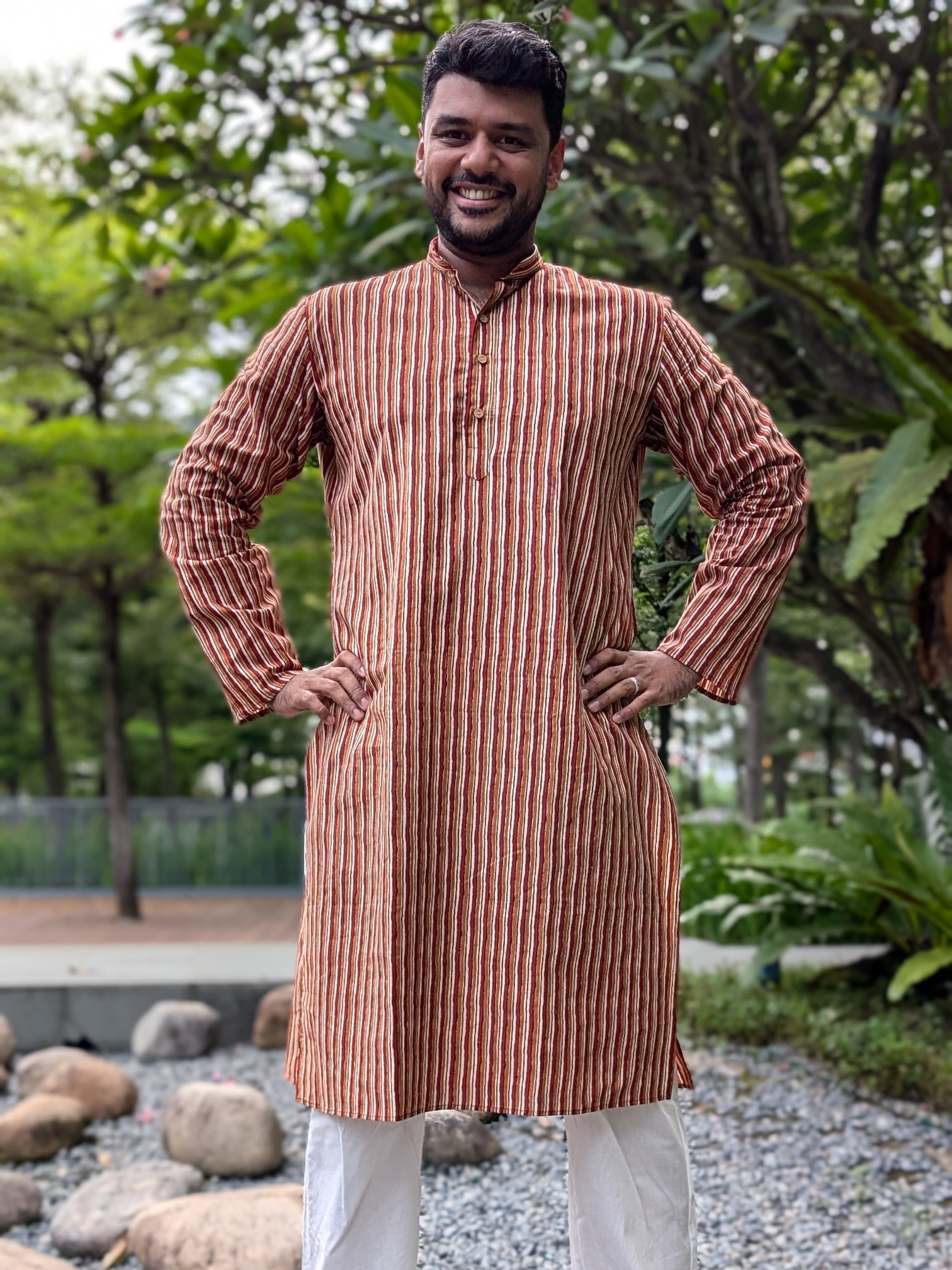 Nazara Mens Handblock Maroon & Beige Kurta Pajama