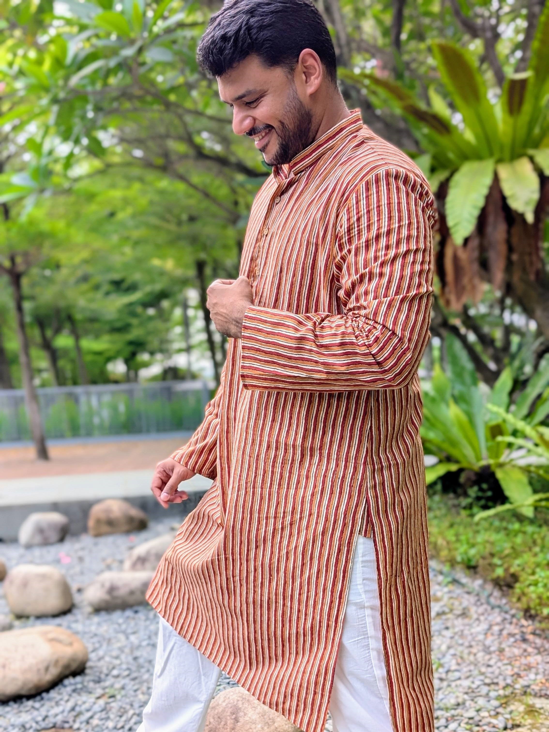 Nazara Mens Handblock Maroon & Beige Kurta Pajama