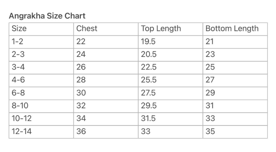 Size guide for Radha Red Bandhani Angarkha set
