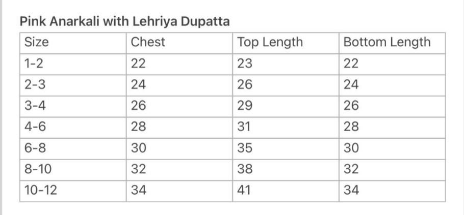 Size guide for Princess Pink Anarkali with Matching Salwar & Rainbow Dupatta