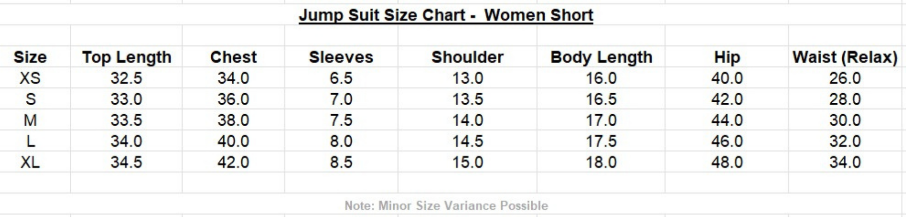 Size guide for Moana Eden Garden Women's Jumpsuit in Cotton