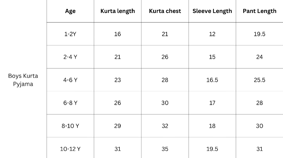 Size guide for Anchor Blue Handblock Kurta Pajama Set