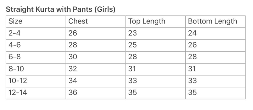 Size guide for Gul Pink Girls Kurti and Pants Set