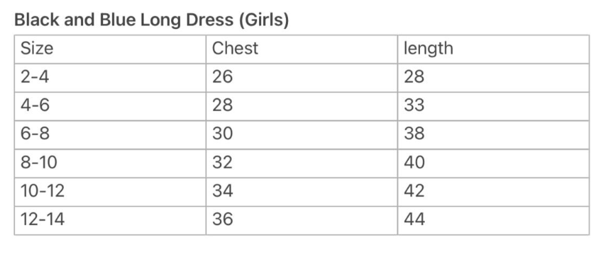 Size guide for Nama Girls Black Anarkali Gown Dress in Pink & Red