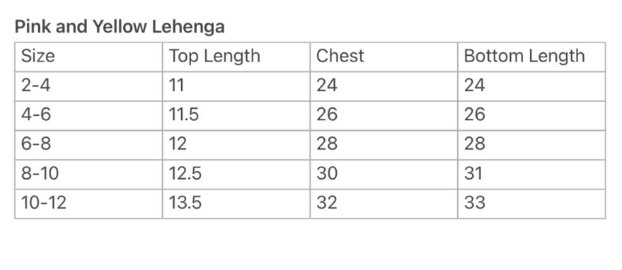 Size guide for Rooh Pink Girls Lehenga Choli Set with Dupatta