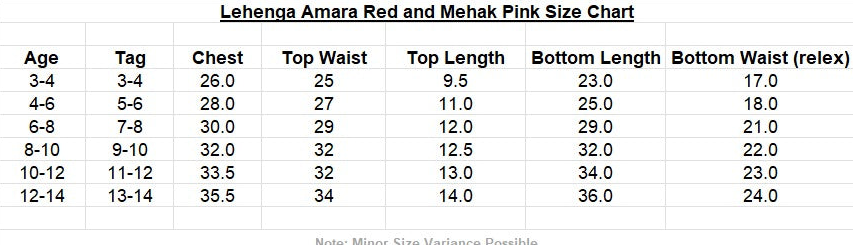 Size guide for Amara Red Floral Girls Halter Lehenga Set
