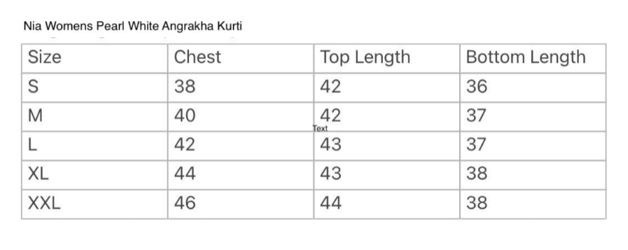 Size guide for Nia Womens Pearl White Floral Angarkha Kurti & Salwar set