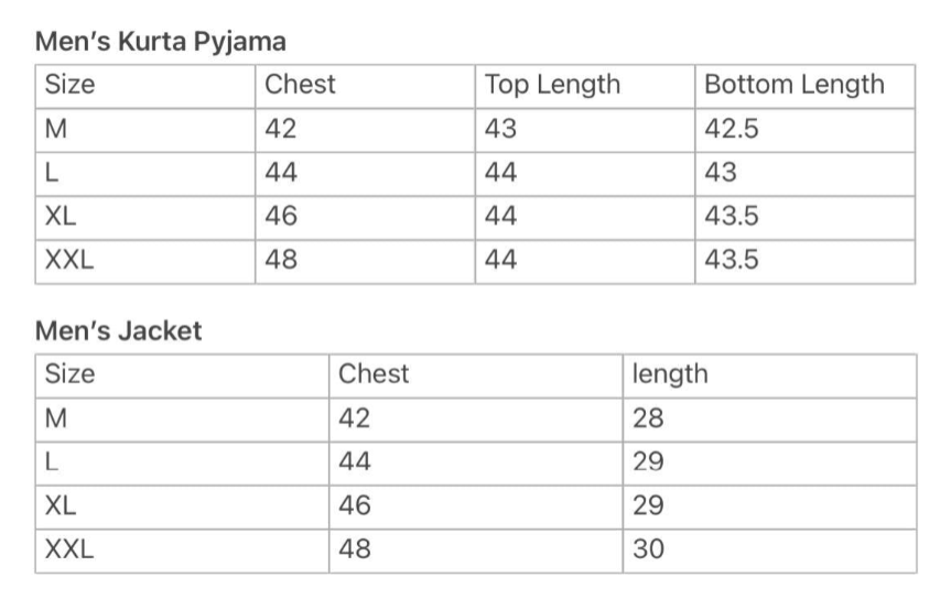 Size guide for Nia Mens Pearl White Floral Kurta Pajama Jacket set
