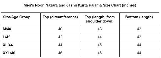 Size guide for Jashn Handblock Booti Mens Kurta Pajama Set