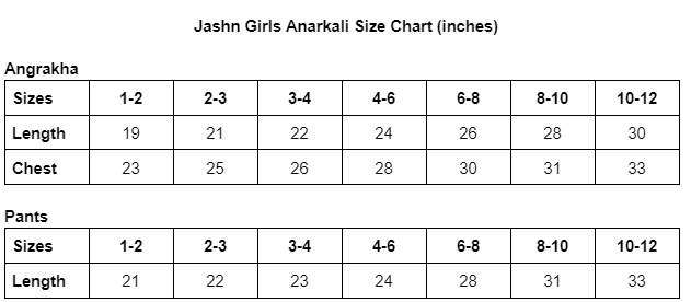 Size guide for Jashn Anarkali Girls Kurti Dress with Pants & Dupatta