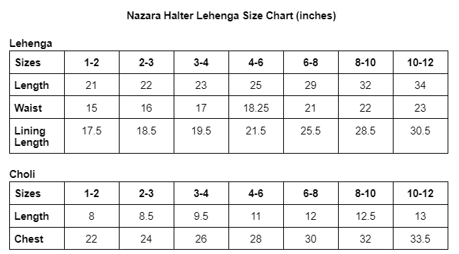 Size guide for Nazara Girls Handblock Maroon & Beige Halter Lehenga Choli set