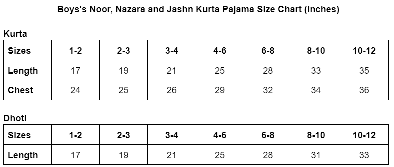 Size guide for Jashn Handblock Booti Maroon Boys Kurta Dhoti Set