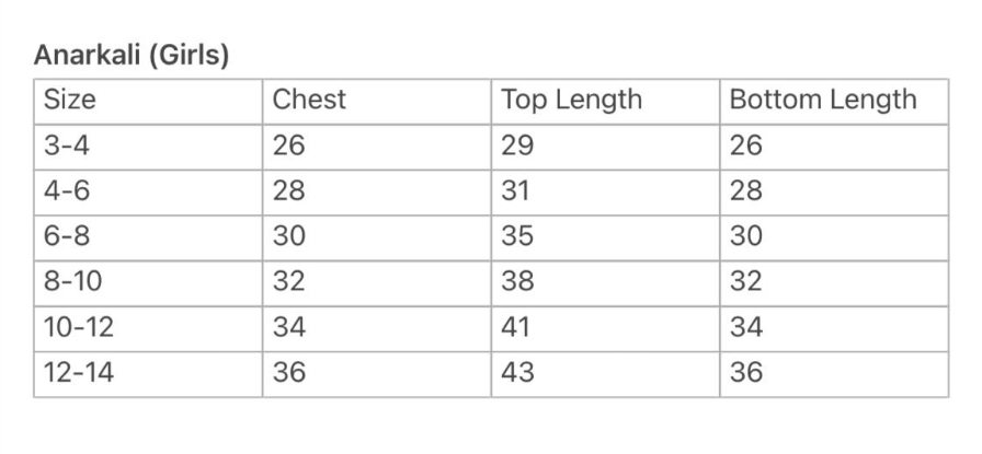 Size guide for Rosa Girls Anarkali with Dupatta Set