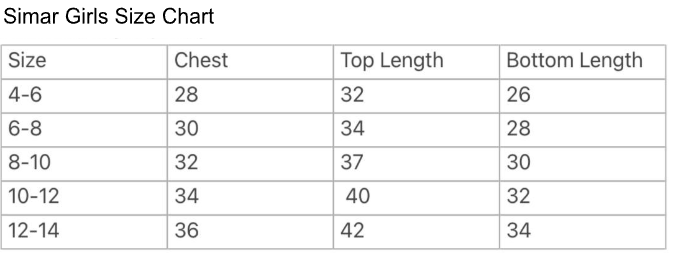 Size guide for Simar Girls Kurta Pant Set