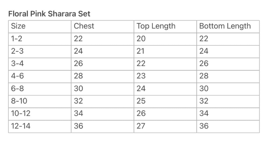 Size guide for Pink Bloom Cotton Girls Kurti Sharara Set
