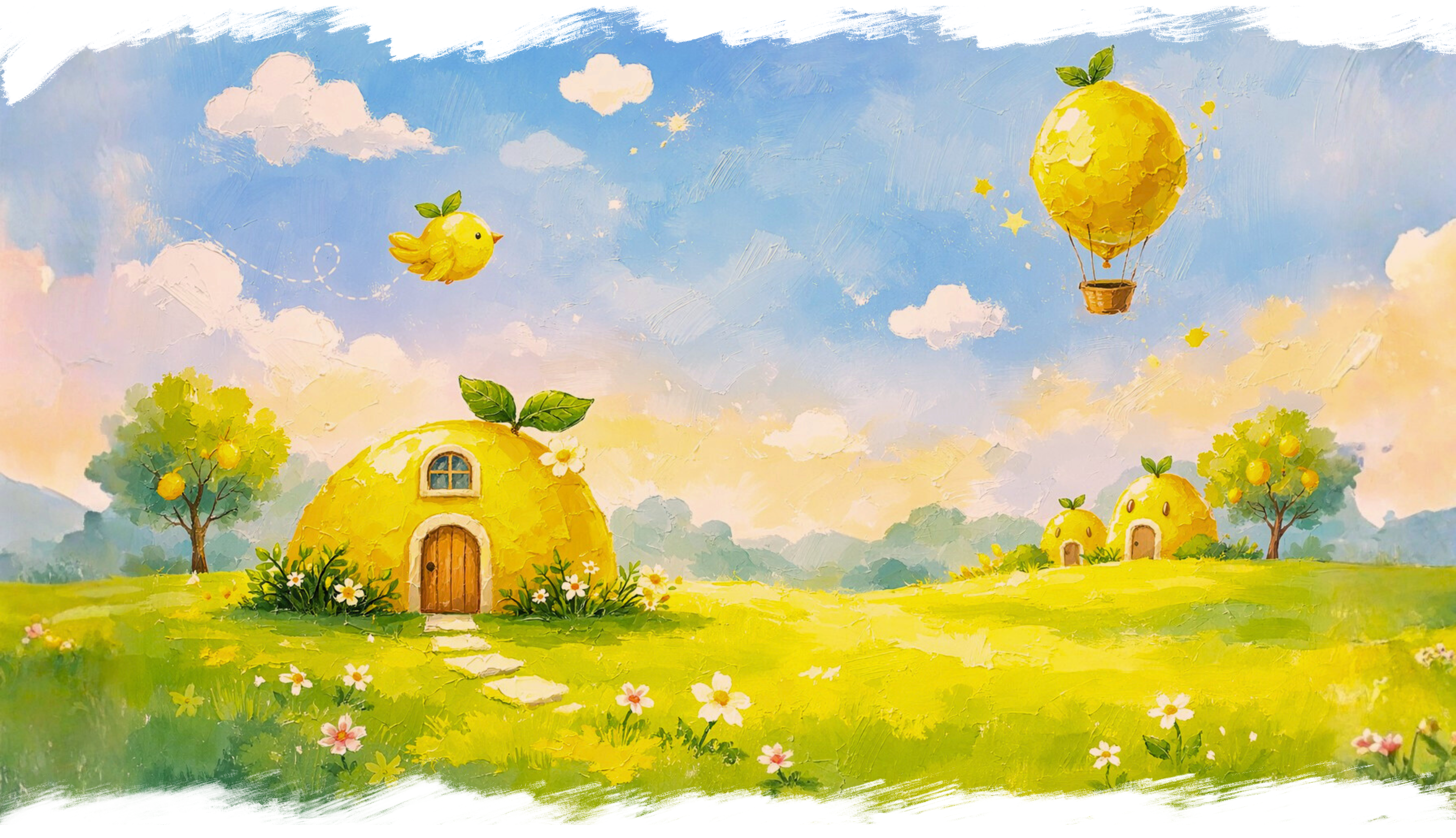 Whimsical lemon village illustration by Nimbu Kids with fruit houses and hot air balloon in a sunny meadow