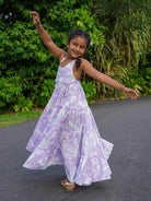 Girls lavender long dress in sustainable cotton with sleeveless design and flowing skirt.
