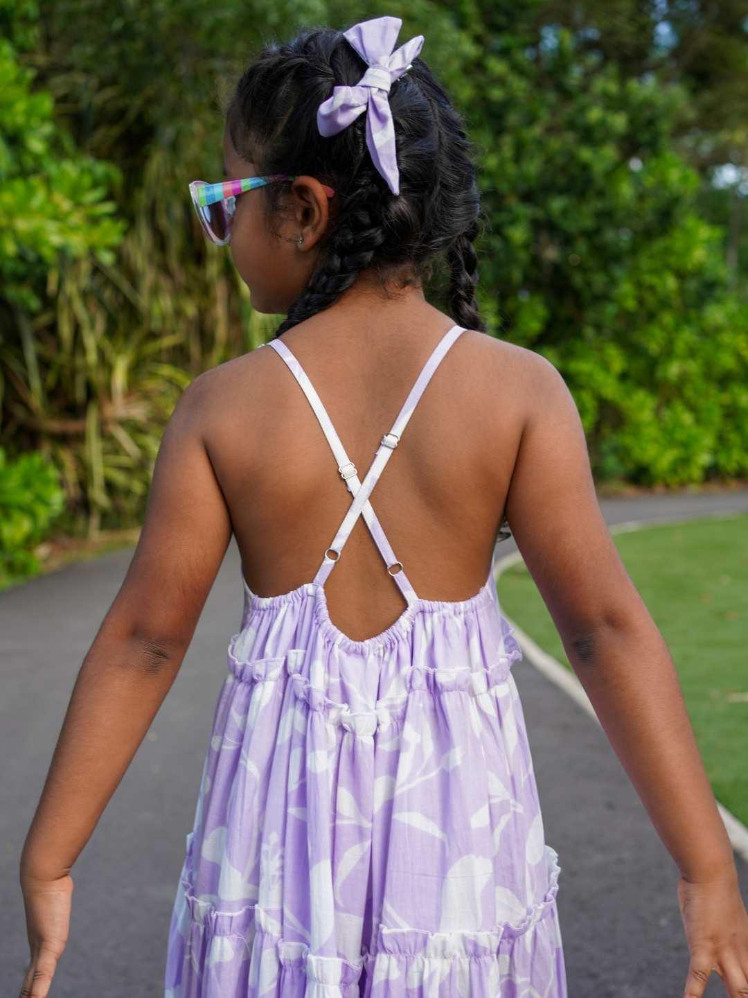 Girls lavender cotton dress with thin straps and gathered back, sustainable fabric, toddler size.