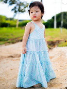 Azure cotton long dress with ocean wave print, tiered skirt, sleeveless design for toddlers, sustainable material.