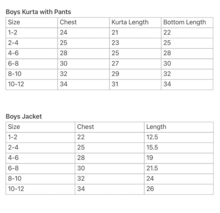 Size guide for Vir Sage Green Boys Kurta Pajama Jacket Set