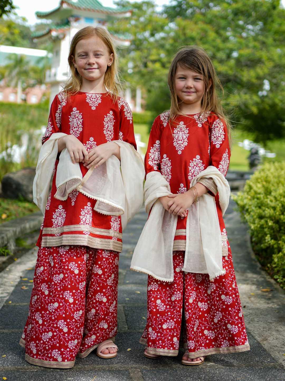Zeena Red Girls Palazzo Kurta Set in Cotton