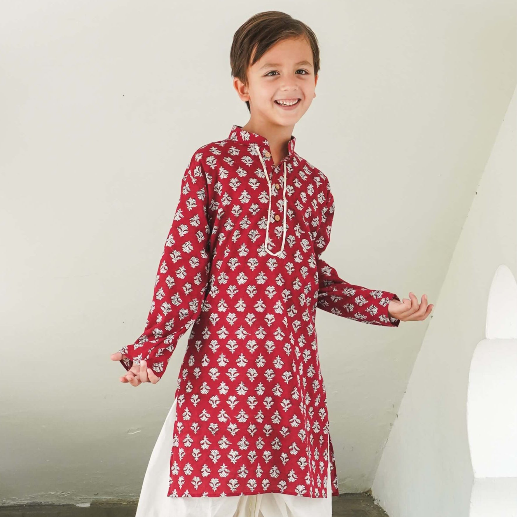 Jashn Handblock Booti Maroon Boys Kurta Dhoti in Cotton