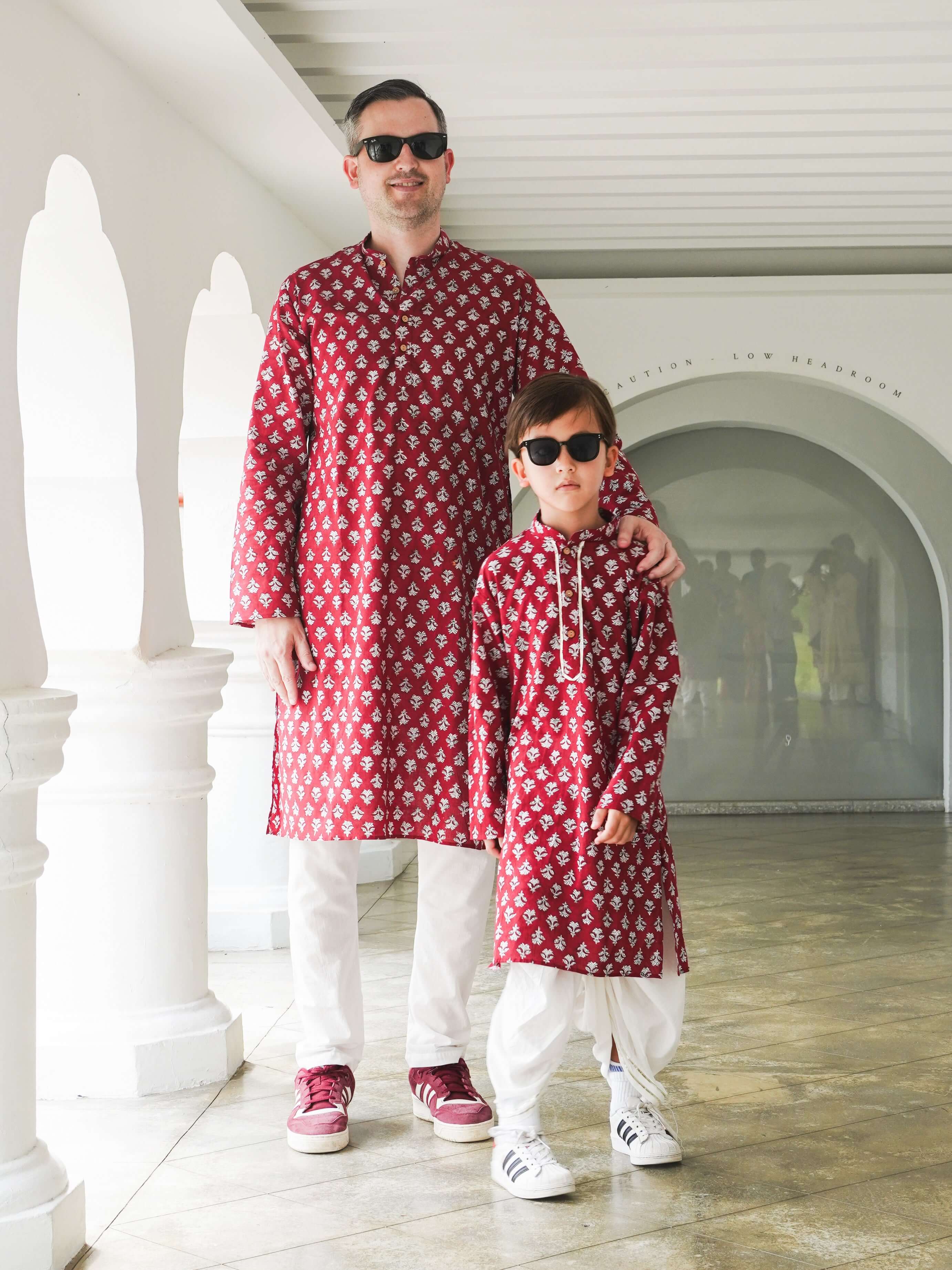 Jashn Handblock Booti Maroon Boys Kurta Dhoti in Cotton